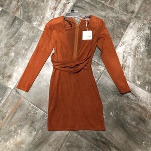Plunge, faux suede, tan dress